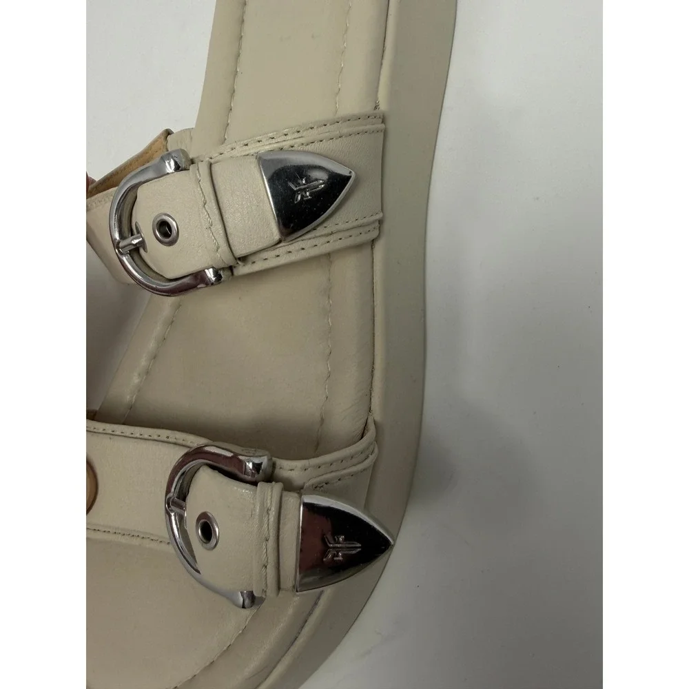 Frye Western Double Buckle Platform Slide Sandal Beige Leather Women Size 8